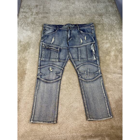 8IGHTH DSTRKT Blue Gray Men's Biker Denim Cargo Jeans Size 42x27 Hemmed B381 - Picture 1 of 16